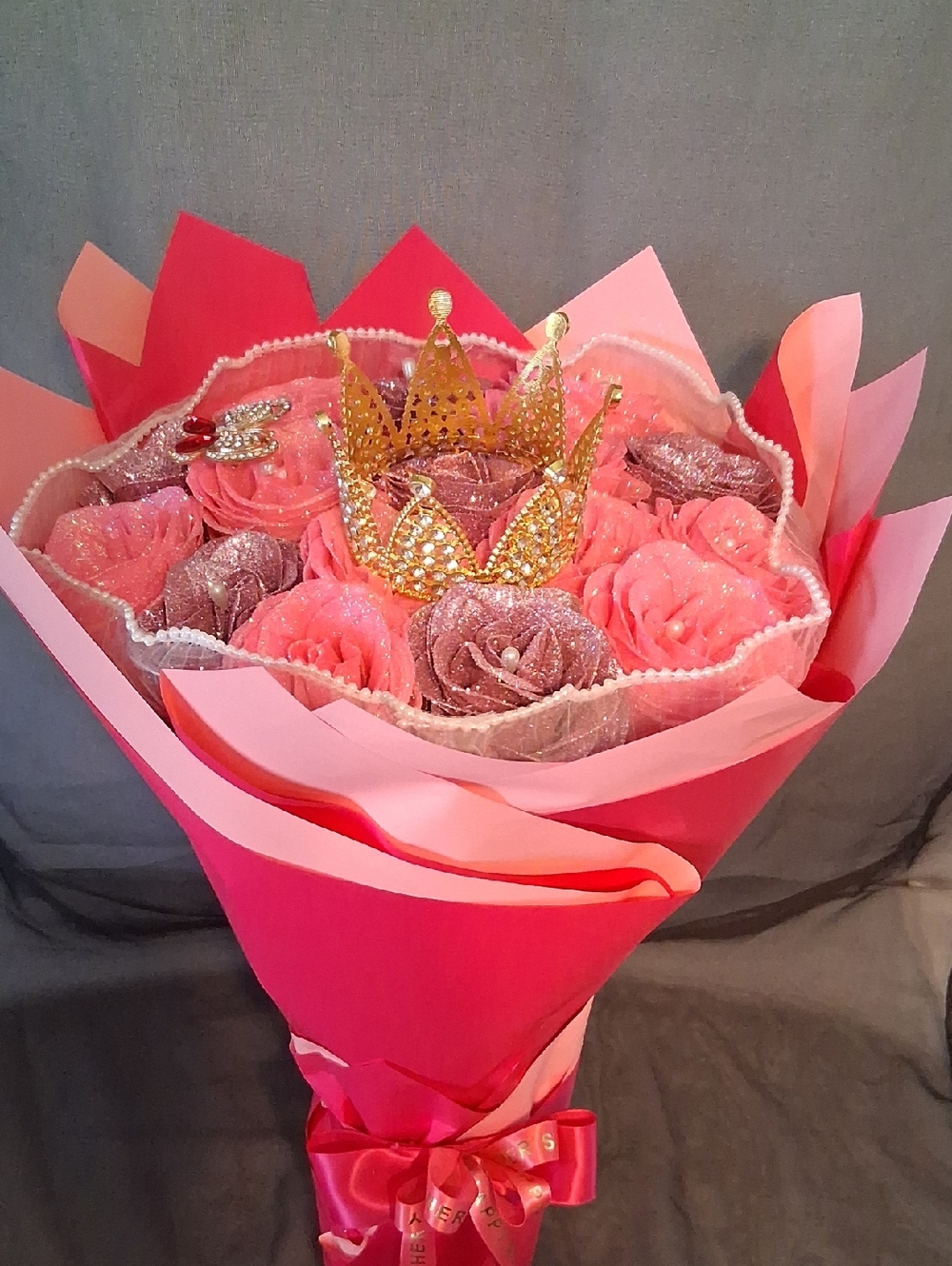 Elegant Pink and Purple Glitter Rose Faux Floral Bouquet with Gold Crown